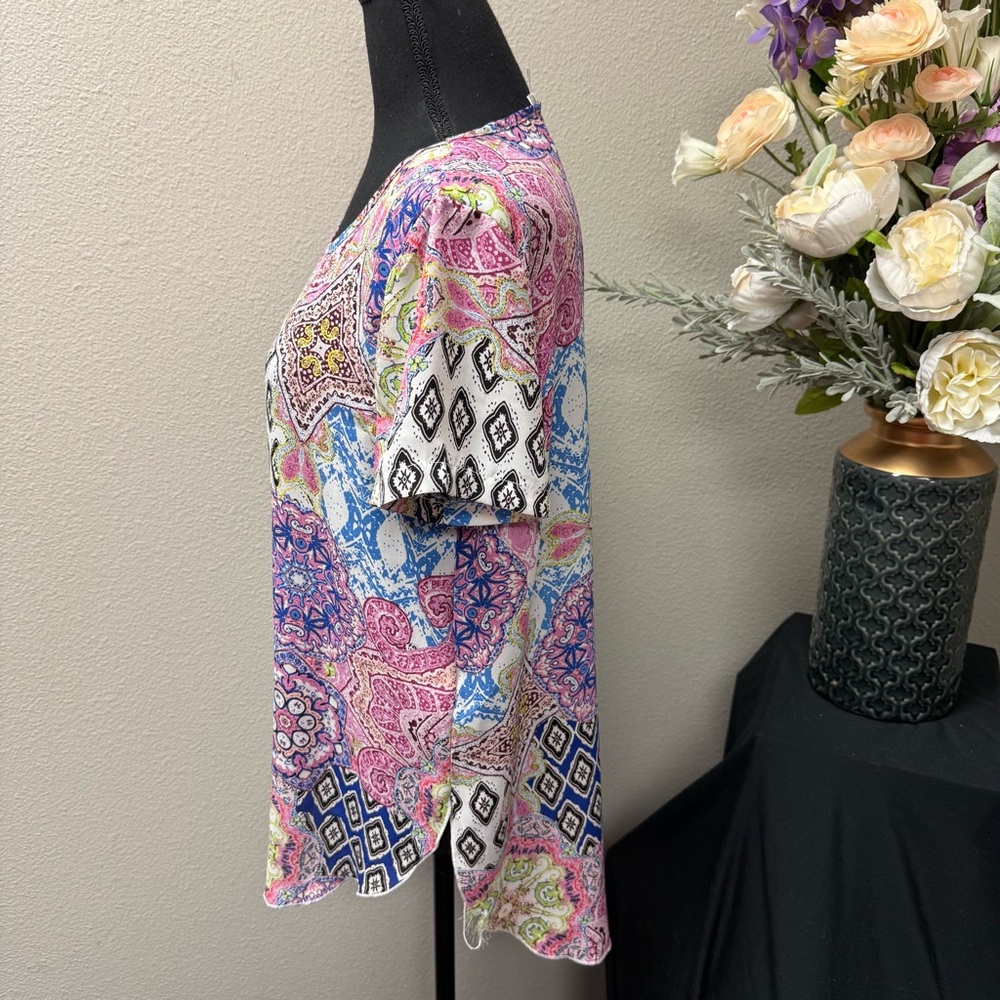Spense Boho Medallion Print Short Sleeve Tunic Top Pink Blue M/M - Picture 2 of 6